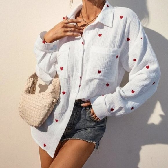 Cute Heart Embroidery Button Down Contemporary Blouse - Picture 1 of 5